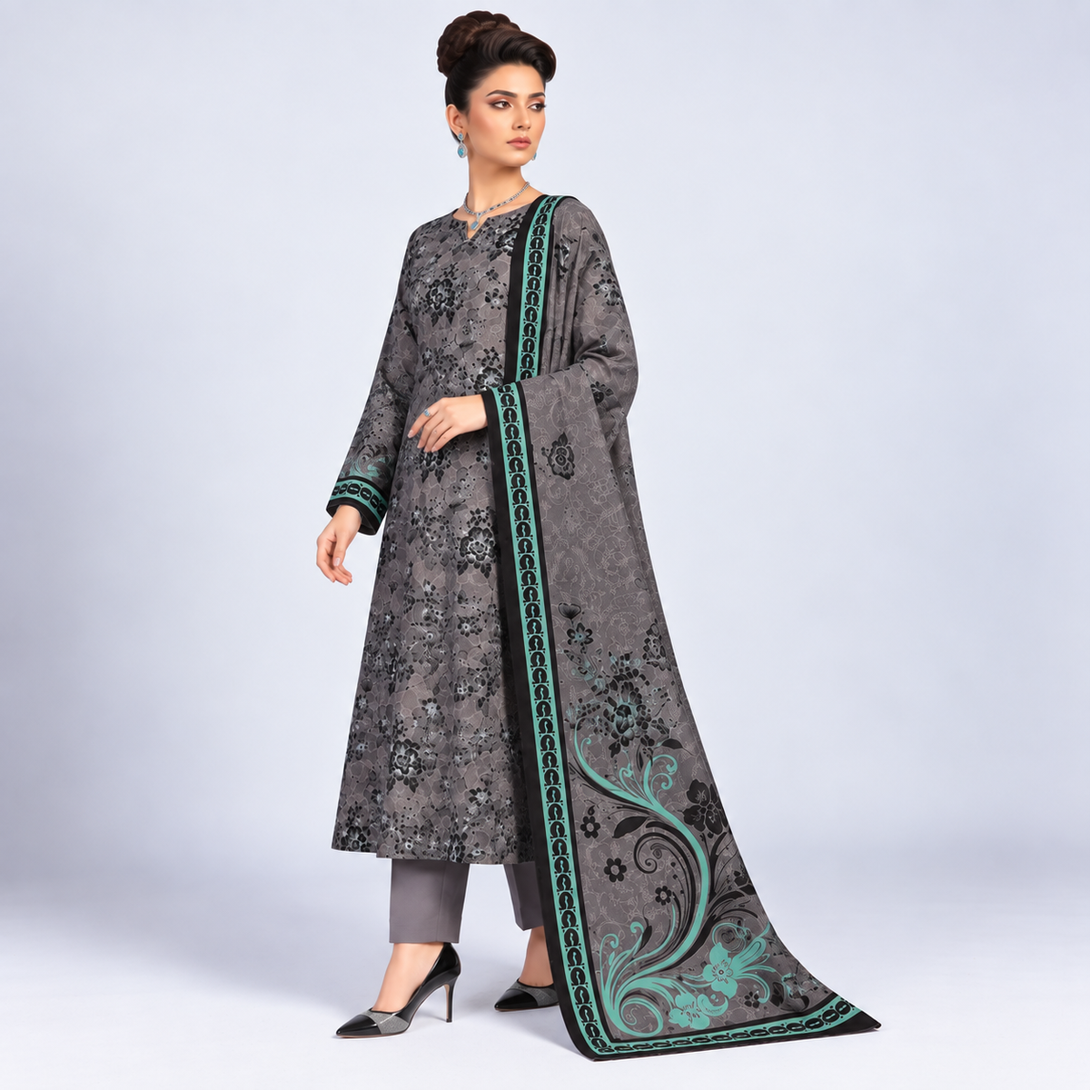 Teal Grey Viscose Jacquard 3-Piece Unstitched Suit
