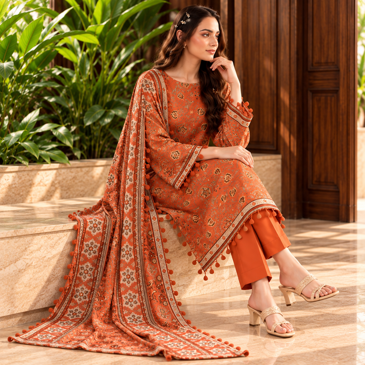 Terracotta Heritage Viscose Jacquard 3-Piece Unstitched Suit