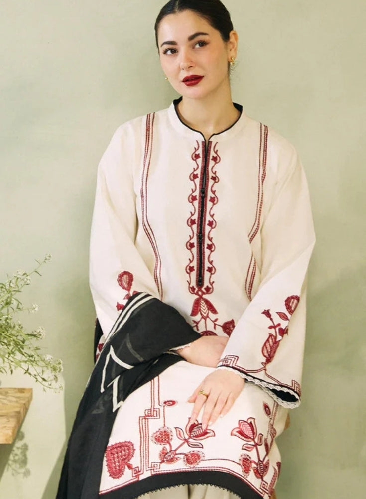 ZAHRA SHAHJAHAN- 3PC Black and White LAWN EMBROIDERED SHIRT WITH DIAMOND PRINTED DUPATTA