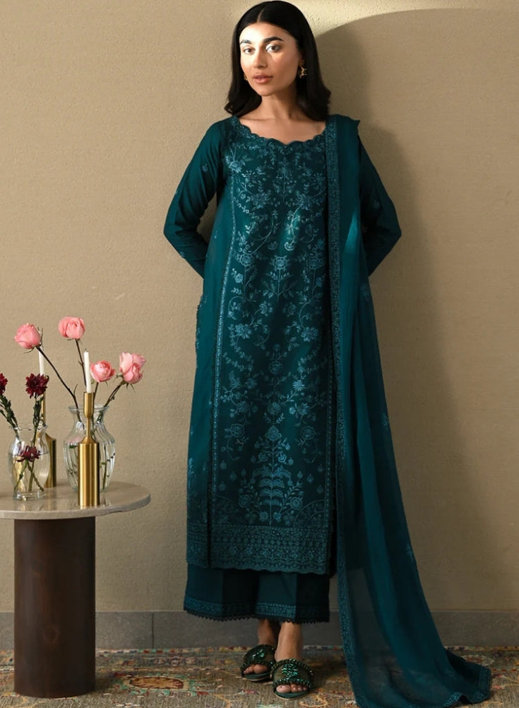 ZAIB-3PC Teal Blue LAWN EMBROIDERED SHIRT WITH CHIFFON EMB DUPATTA AND TROUSER