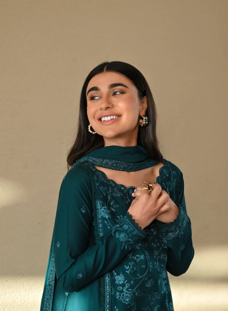 ZAIB-3PC Teal Blue LAWN EMBROIDERED SHIRT WITH CHIFFON EMB DUPATTA AND TROUSER