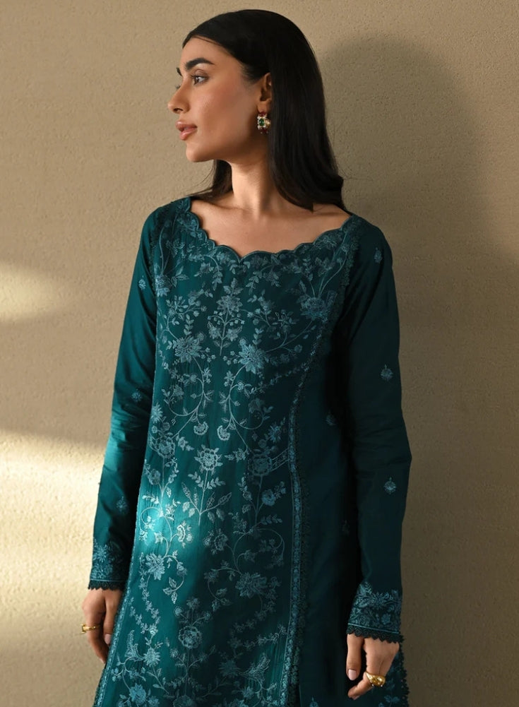 ZAIB-3PC Teal Blue LAWN EMBROIDERED SHIRT WITH CHIFFON EMB DUPATTA AND TROUSER