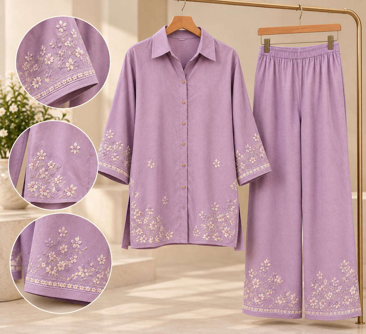 Lavender Grace – Lavender Embroidered 2-Piece Co-Ord Set for Women