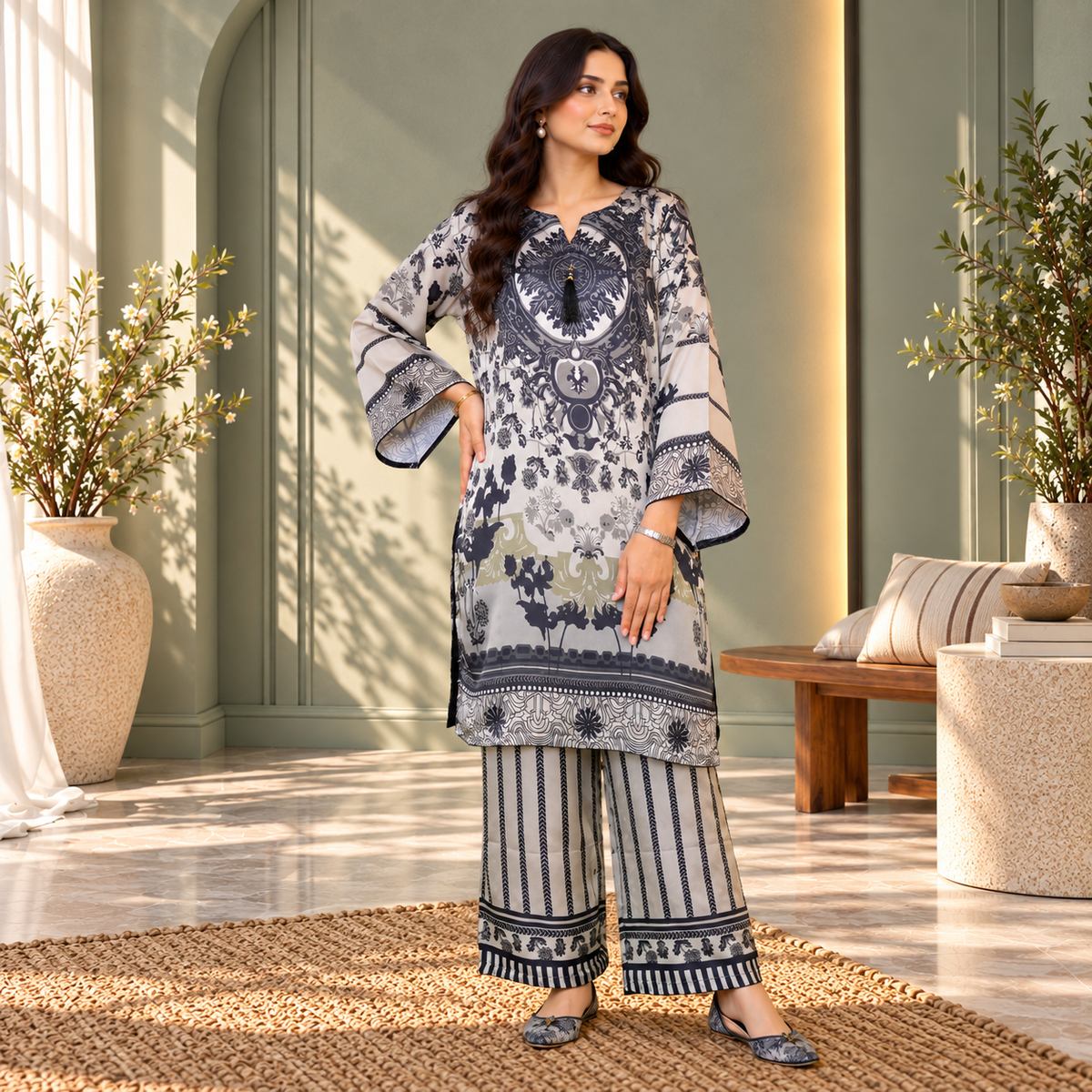 Charcoal Noir Silk 2-Piece Co-Ord Set for Women | SoftStitch