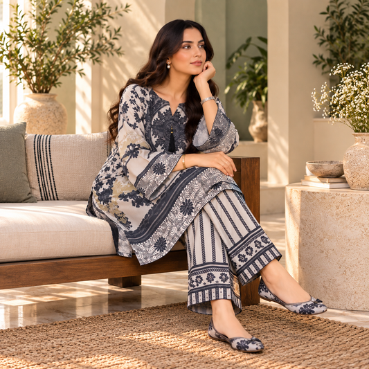 Charcoal Noir Silk 2-Piece Co-Ord Set for Women | SoftStitch