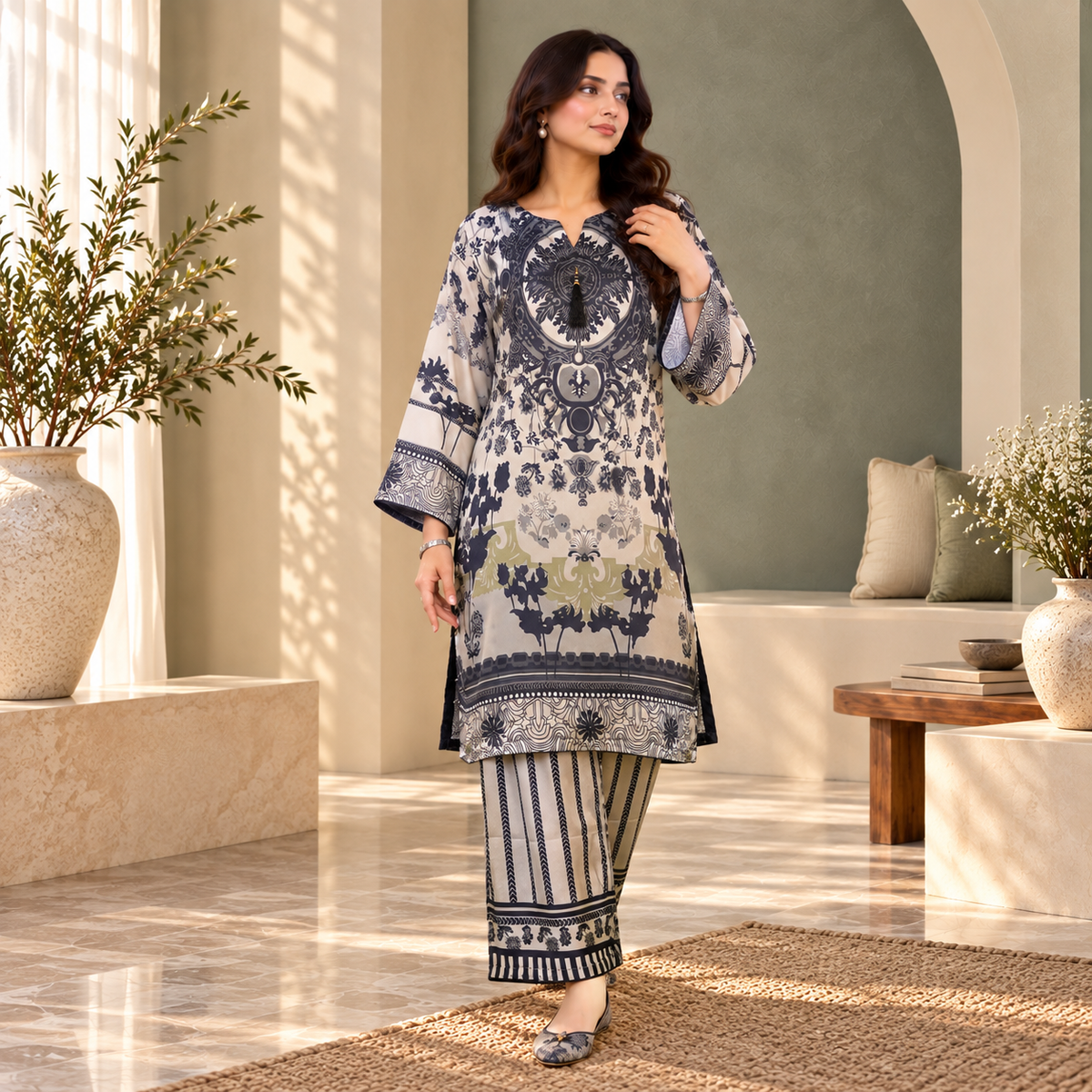 Charcoal Noir Silk 2-Piece Co-Ord Set for Women | SoftStitch
